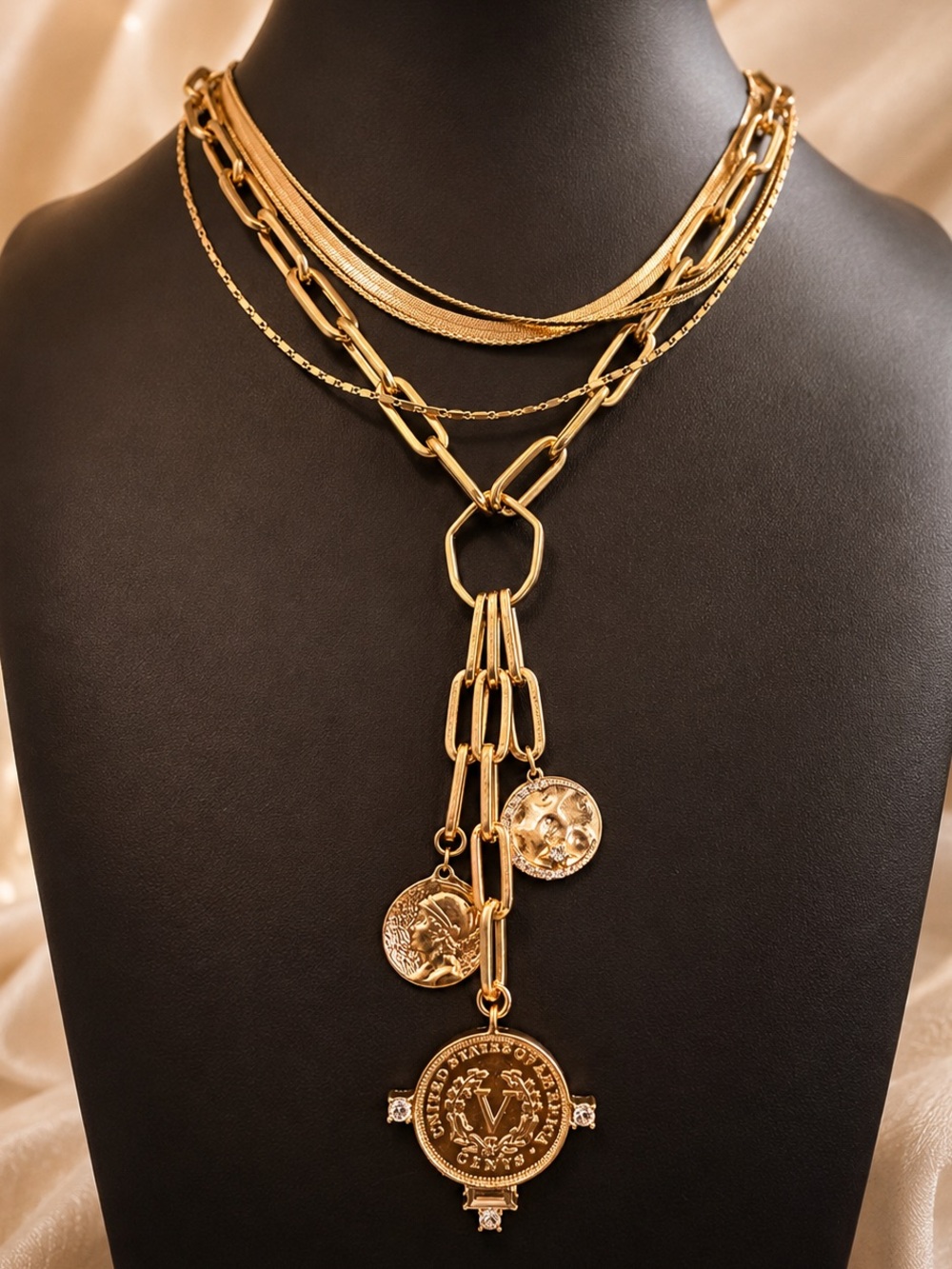 🛍️ Gold Tone Layered Coin Medallion Necklace Statement Charm Lariat Luxe